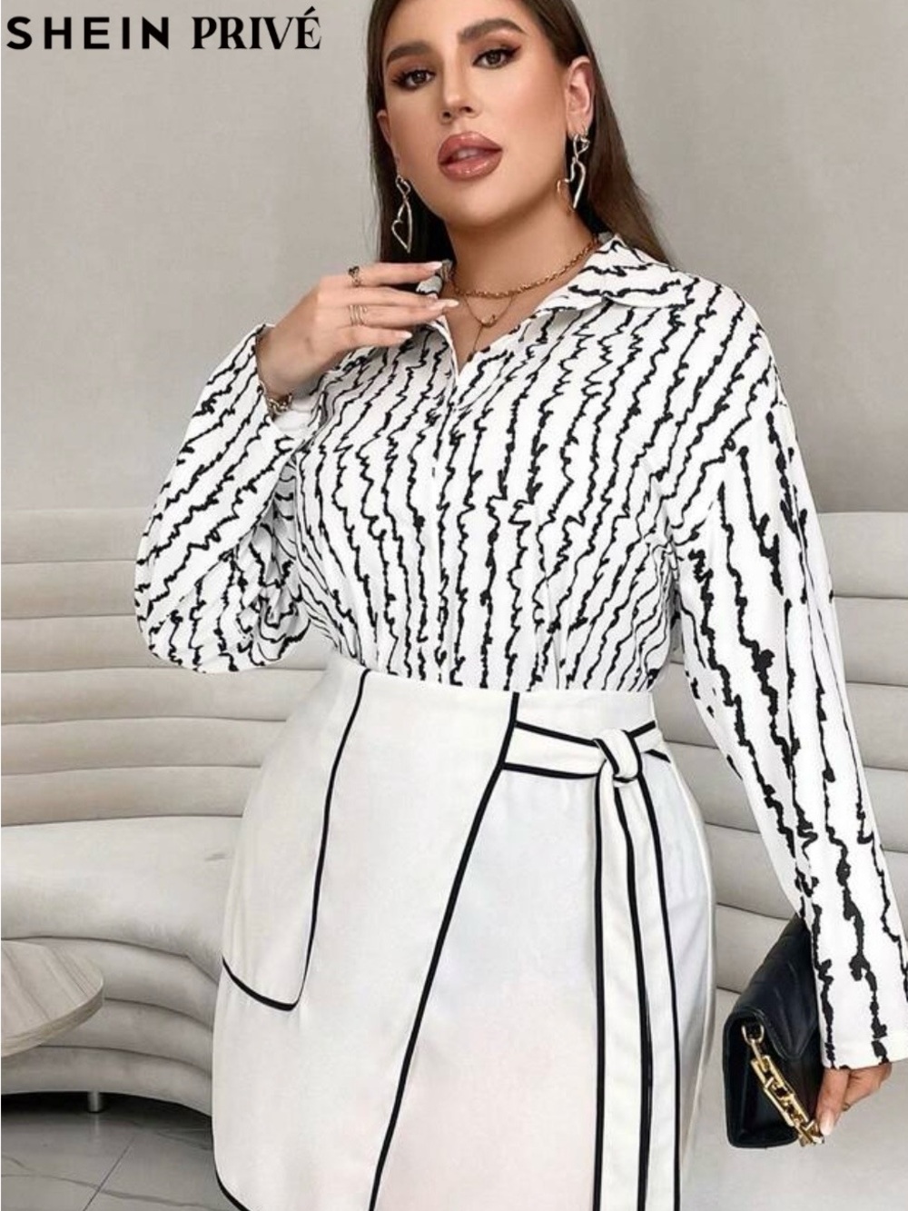 SHEIN White and Black Striped Print Button-Up Blouse